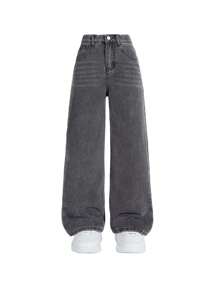 Teen Girls' Loose Fit Versatile Butterfly Print Flared Denim Jeans