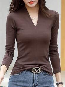 Solid Simple T-shirt, Casual V Neck Long Sleeve T-shirt For Spring & Fall, Women's Clothing - Café integral - Ver 2