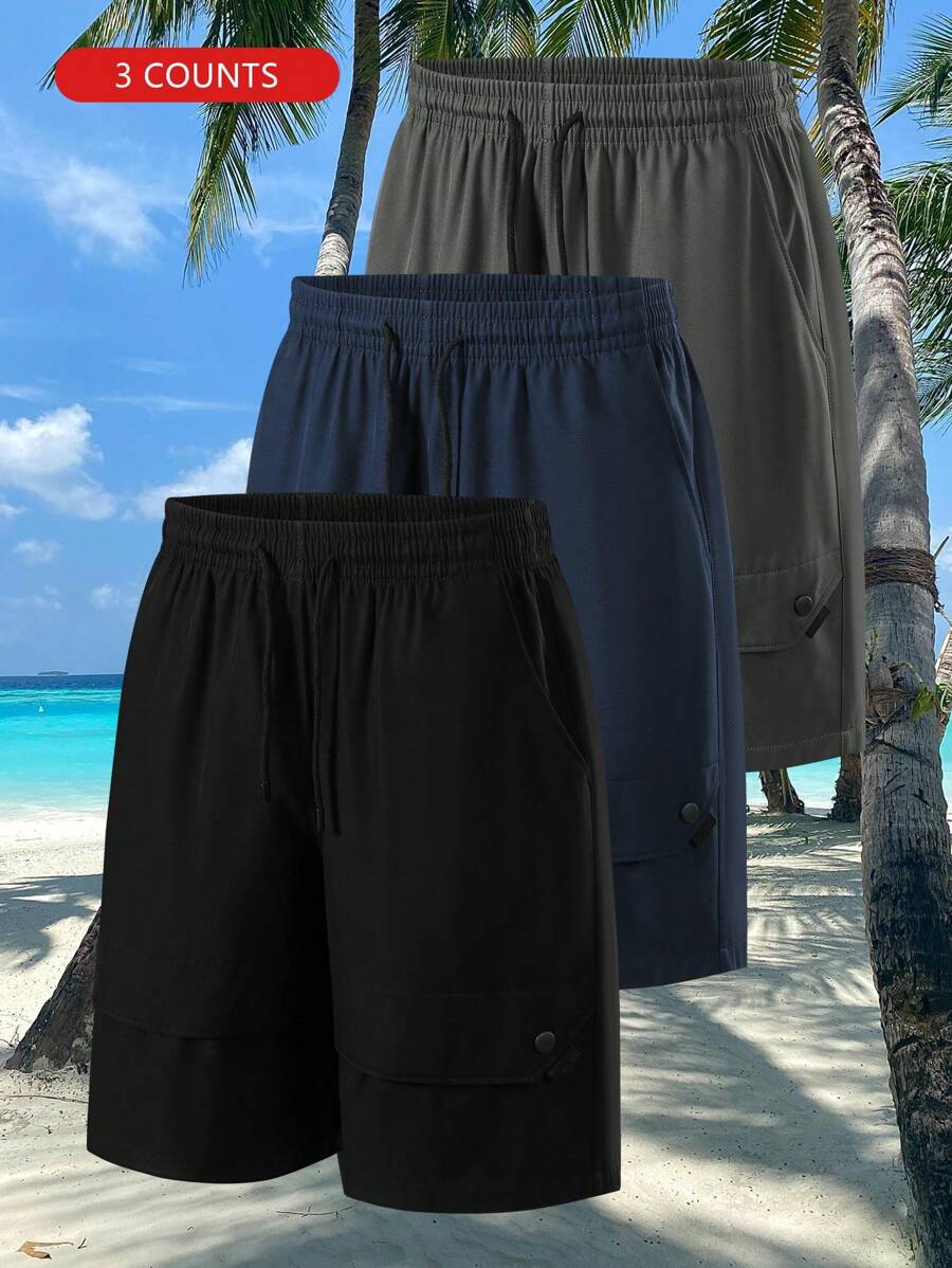 3pcs/Set Men's Outdoor Sports Casual Drawstring Thin Bermuda Shorts, Suitable For Spring & Summer - Black - View 1
