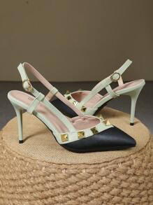 尖头细高跟露背高跟鞋铆钉设计女式晚会鞋 - 綠色 - 查看 5