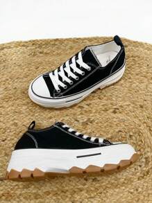 Canvas-Sneaker für Damen und Jungen/Mädchen, dicke braune Sohle, mit Plateau, widerstandsfähiges und atmungsaktives Gewebe, vielseitiger und moderner Stil, ideal zum Kombinieren, ohne auf Komfort zu verzichten - Schwarz - Übersicht 4