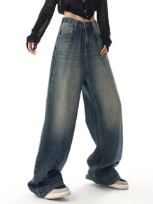 女孩/青少年女孩美式高街洗水牛仔裤，宽松阔腿休闲直筒裤，讨人喜欢