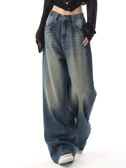 Girl/Tween Girls American Style High Street Washed Denim Jeans, Loose Wide Leg Casual Straight Pants, Flattering