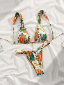 全新柔软印花粗肩带系带可爱派对比基尼套装，夏季海滩时尚女士泳装