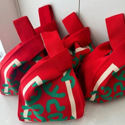 2pcs Chinese New Year "Fa" Character Print Holiday Knitted Tote Bag, Large Capacity Commuter Storage Bag, Chinese Style Wedding Favor Bag