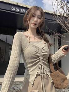 初秋纯色百搭方领长袖二合一针织毛衣女上衣 - 卡其色 - 查看 3