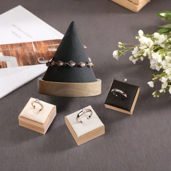 1/2pcs Simple Wood Ring Display Stand PU/Velvet Cone Pair Rings Bracelet Necklace Jewelry Display Storage Holder Counter Showcase Props For Women Storage Organizer Travel Essentials Back To School Dormitory Storage