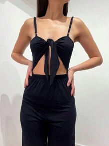 Macacão Calça Feminino Alcinha Duas Formas de Vestir Laço no Decote ou Laço nas Costas Forrado Leve Confortável Pantalona Reveillon Ano Novo Carnaval