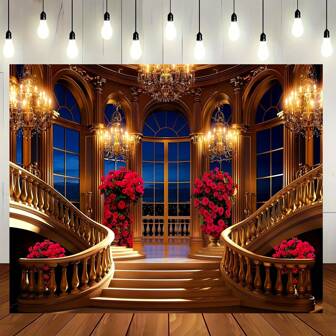 1 Large Staircase Banner With Branch Chandelier And Red Flowers, Suitable For Polyester Background For General Events, Versatile Medieval Palace Theme For Weddings And Photography, No Need For Electricity
