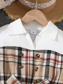 8-12 岁女童时尚休闲运动连衣裙，衬衫领格子拼接连衣裙，淑女风格夏装，馈赠佳品 - 白色 - 查看 3