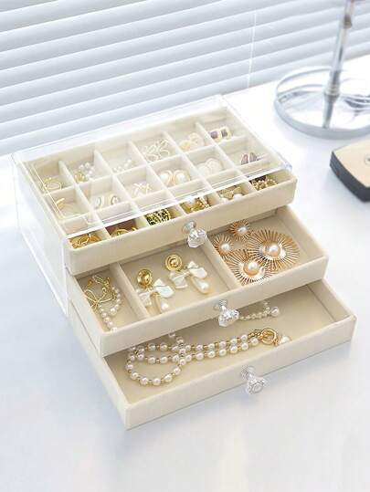 1 件三层亚克力法兰绒珠宝盒，抽屉式珠宝收纳盒，项链耳环戒指珠宝收纳盒，适合女性和女孩的礼物