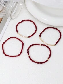 4 件复古红色仿水晶串珠金管弹性手链套装，适合女性日常佩戴和情侣 - 酒紅色 - 查看 4