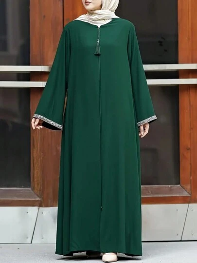 Women's Casual Solid Color Loose Fit Round Neck Zipper Robe, Dignified Long Robe