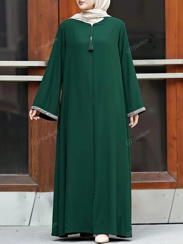 Fashion Women's Casual Solid Color Loose Round Neck Zipper Long Dress, Modest Abaya
