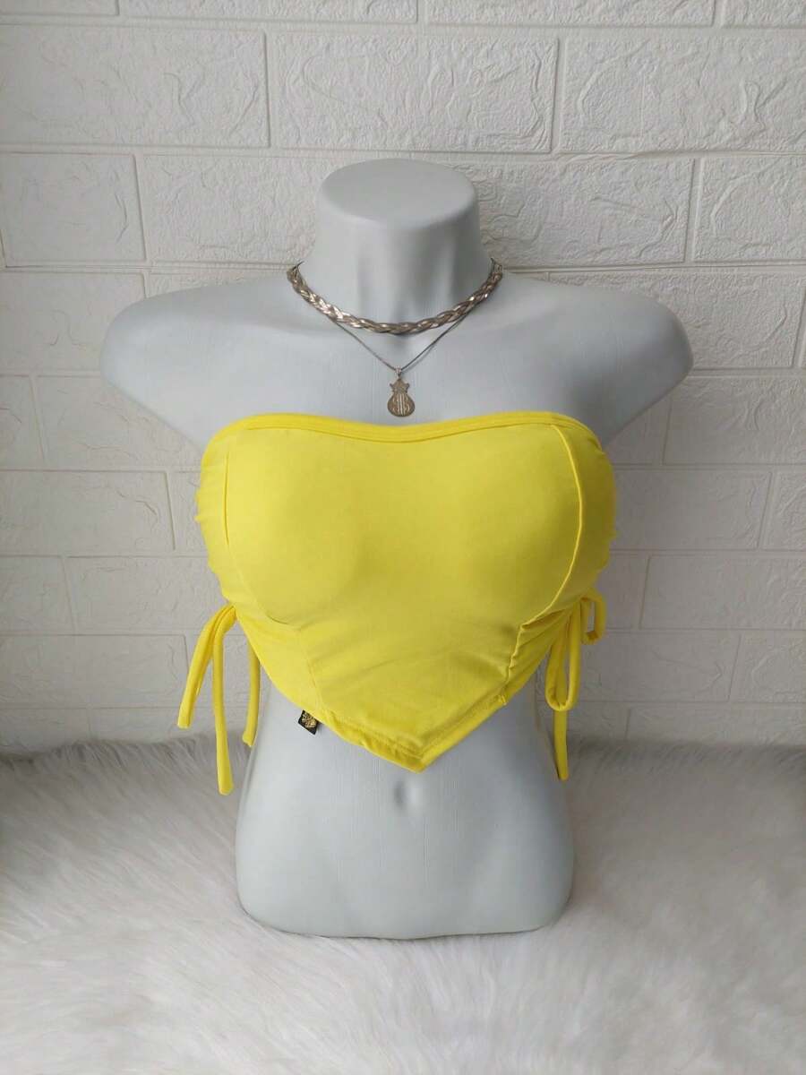 Women's Cropped Top With Band And Tie With Suplex Cup Strapless Blogueirinha One Size - Fits Sizes 36 To 42 - Yellow - View 1