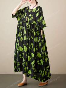 Top, 2025 Green Flower Dress, Daily Ladies Plus-Size Dress, Summer Crew-Neck Sleeved Full Print Breathable Holiday Casual Dress, Holiday Beach Wear, Bohemian Elegant Dress