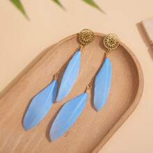 Feather Tassel Design Colorful Beaded Pendant Earrings, Bohemian Style Metal Jewelry Gift For Women