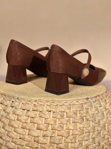Sandalias con tacón de bloque de punta cuadrada, decoradas con strass y cierre de gancho y bucle, para uso casual y al aire libre, de moda con tacones altos para primavera y otoño - Marrón - Ver 2