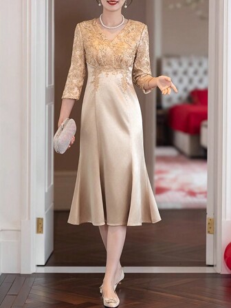 Luksusowa sukienka midi w kolorze szampana z rękawami syreny, elegancka suknia wieczorowa z dekoltem w serek i błyszczącym wzorem z kryształków, satynowa tkanina, odpowiednia na Wigilię, Święto Dziękczynienia, Chiński Nowy Rok, Sylwestra, wesela, imprezy, urodziny, prezenty, spotkania biznesowe, święta, zaręczyny, ceremonie, wydarzenia towarzyskie, gale