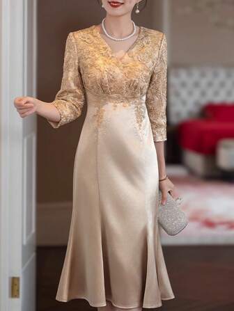 Champagne Luxury Mermaid Sleeve Midi Dress, Elegant V-Neck Formal Gown With Sparkling Rhinestone Design, Satin Fabric, Suitable For Christmas Eve, Thanksgiving, Chinese New Year, New Year's Eve, Weddings, Parties, Birthdays, Gifts, Business, Holidays, Engagements, Ceremonies, Social Events, Galas