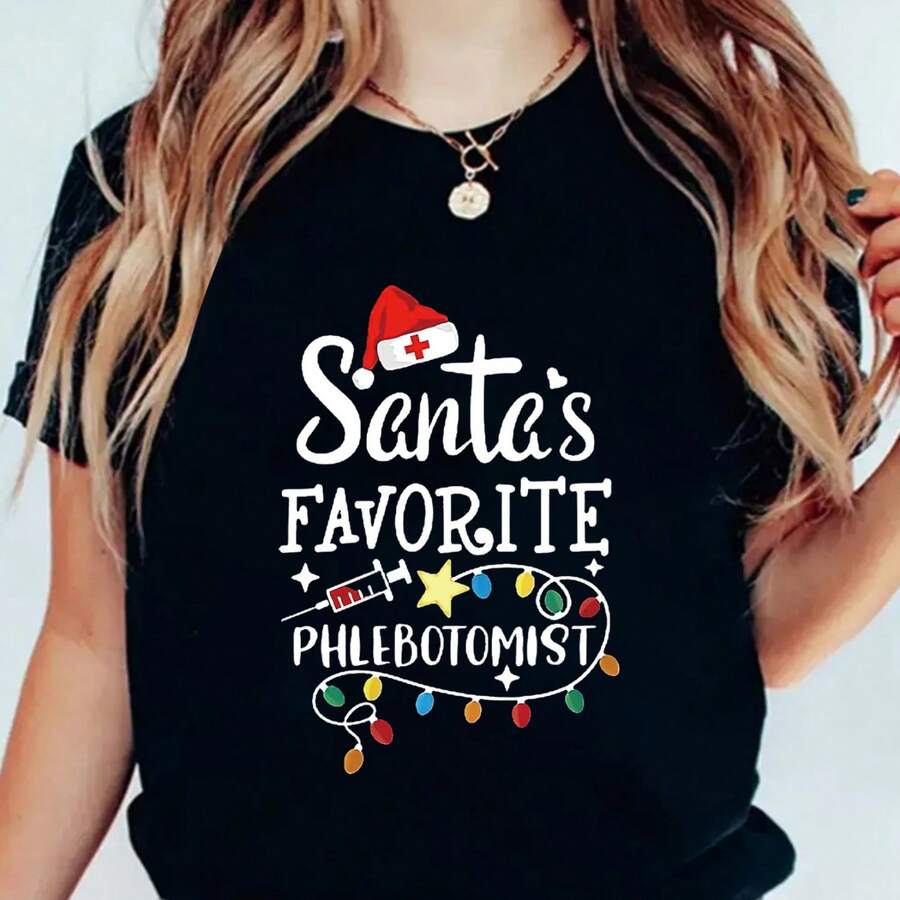 Santa'S Favorite Print Tee, Casual Short Sleeve Crew Neck T-Shirt, Women'S Clothing - Black - View 1