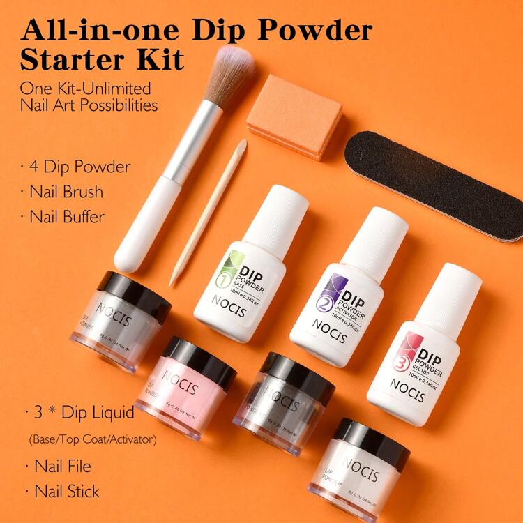 NOCIS Dip Powder Nail Kit - Acrylic Nails Starter Set With 4 Color Powders (Gray, Pink, Black Glitter), Base Coat, Top Coat, Activator, Brush, Buffer & Nail File - Non-Scented DIY Manicure Toolsacrylic Press On Nails - Multicolor - View 2