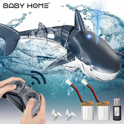 TEMI Remote Control Shark 1:18 High Simulation Fish With Light & Spray Water For Lake Bathroom Pool Toys For Kids Ages 4 5 7 8 Boys Halloween Christmas Birthday Gift RC Boat