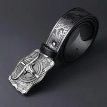 1 Piece Of Men's PU Material Belt, Western Cowboy Retro Belt, Men's Retro Style Imitation Belt, Unique Bull Head Buckle - Fashionable, Ideal Choice For Gift Giving Suitable For Teen Summer Casual Outdoor Athletic Or Vacation Travel Or Graduation Gifts Or Birthday Dress Accessories Or Daily Wear