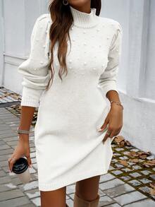 Vaiaye Women's Autumn/Winter Faux Pearl Decor Stand Collar Long Sleeve Elegant Christmas Sweater Dress - White - View 3