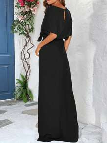 Women Solid Color Short Sleeve Slit Waisted Tied Dress