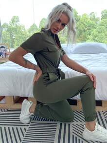 Women's Flap Pocket Belted Front Rouched Jumpsuit - Army Green - View 5
