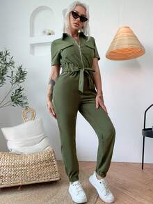 Women's Flap Pocket Belted Front Rouched Jumpsuit - Army Green - View 4