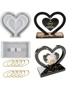 10pcs Heart-Shaped Silicone Mold Set, Including 10 Chains - DIY Epoxy Resin Casting Mold For Creative Home Decor And Gift Making - Heart-Shaped Resin Mold Set For Customized Photo Frame - Mould - View 1