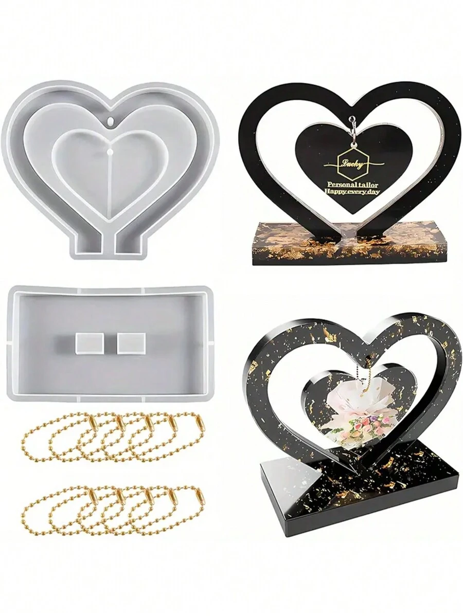 10pcs Heart-Shaped Silicone Mold Set, Including 10 Chains - DIY Epoxy Resin Casting Mold For Creative Home Decor And Gift Making - Heart-Shaped Resin Mold Set For Customized Photo Frame - Mould - View 1