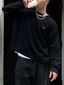 Suéter de cuello redondo de corte holgado informal, jersey holgado de moda con diseño bordado de corazón, adecuado para primavera, otoño, invierno, unisex