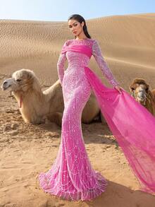 Faeriesty Vestido de noche con detalle de cuentas y dobladillo de Mermaid, con capa de lujo de alta glamour - Rosa Fucsia - Ver 7