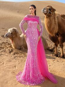 Faeriesty Vestido de noche con detalle de cuentas y dobladillo de Mermaid, con capa de lujo de alta glamour - Rosa Fucsia - Ver 4