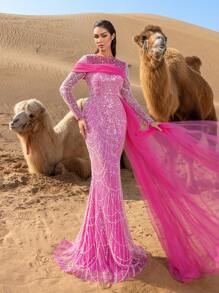 Faeriesty Vestido de noche con detalle de cuentas y dobladillo de Mermaid, con capa de lujo de alta glamour - Rosa Fucsia - Ver 2