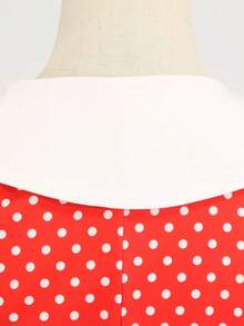 New Polka Dot Printed Retro Double-Breasted Flared Hem Dress - Red - View 5
