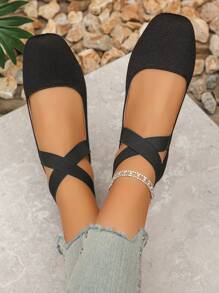 大码女式复古玛丽珍鞋，黑色低帮方头踝带平底鞋，时尚复古风格，舒适软底芭蕾平底鞋，适合日常穿着，春秋季节 - 黑色 - 查看 4