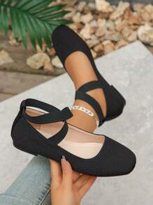 大码女式复古玛丽珍鞋，黑色低帮方头踝带平底鞋，时尚复古风格，舒适软底芭蕾平底鞋，适合日常穿着，春秋季节 - 黑色 - 查看 3