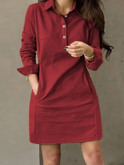 春秋新款时尚休闲翻领纽扣装饰长袖女短款连衣裙