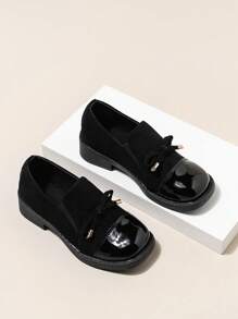 1 Pair Square-Toe Flat Kids Shoes With Bow Design, Simple All-Season Children Flats - Black - View 3