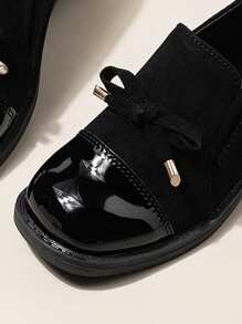 1 Pair Square-Toe Flat Kids Shoes With Bow Design, Simple All-Season Children Flats - Black - View 7