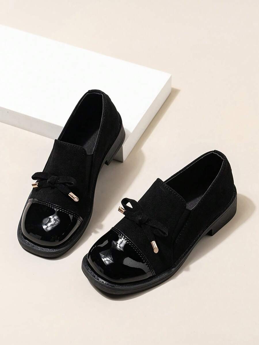 1 Pair Square-Toe Flat Kids Shoes With Bow Design, Simple All-Season Children Flats
