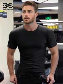 [Spring/Summer] 1pc Compression Short Sleeve Tight Fitness Top For Men, Core Training Undershirt - Black - View 8