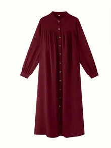 Scacto Vestido largo con falda plisada en línea A, manga farol y cuello redondo de color liso, para uso diario, fiestas en casa y moda modesta, versión holgada