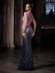 QOQ 梦幻烫钻渐变色长袖女士鱼尾礼服，适合宴会、晚会