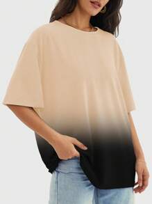 Speed mate 女士渐变色圆领短袖T恤，休闲宽松版型上衣，春夏款 - 卡其色 - 查看 2