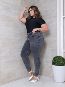 CHC Jeans Black Lead Graffiti Plain Lycra High Waist Skinny Long Women's Plus Size Pants - 深灰色 - 查看 6